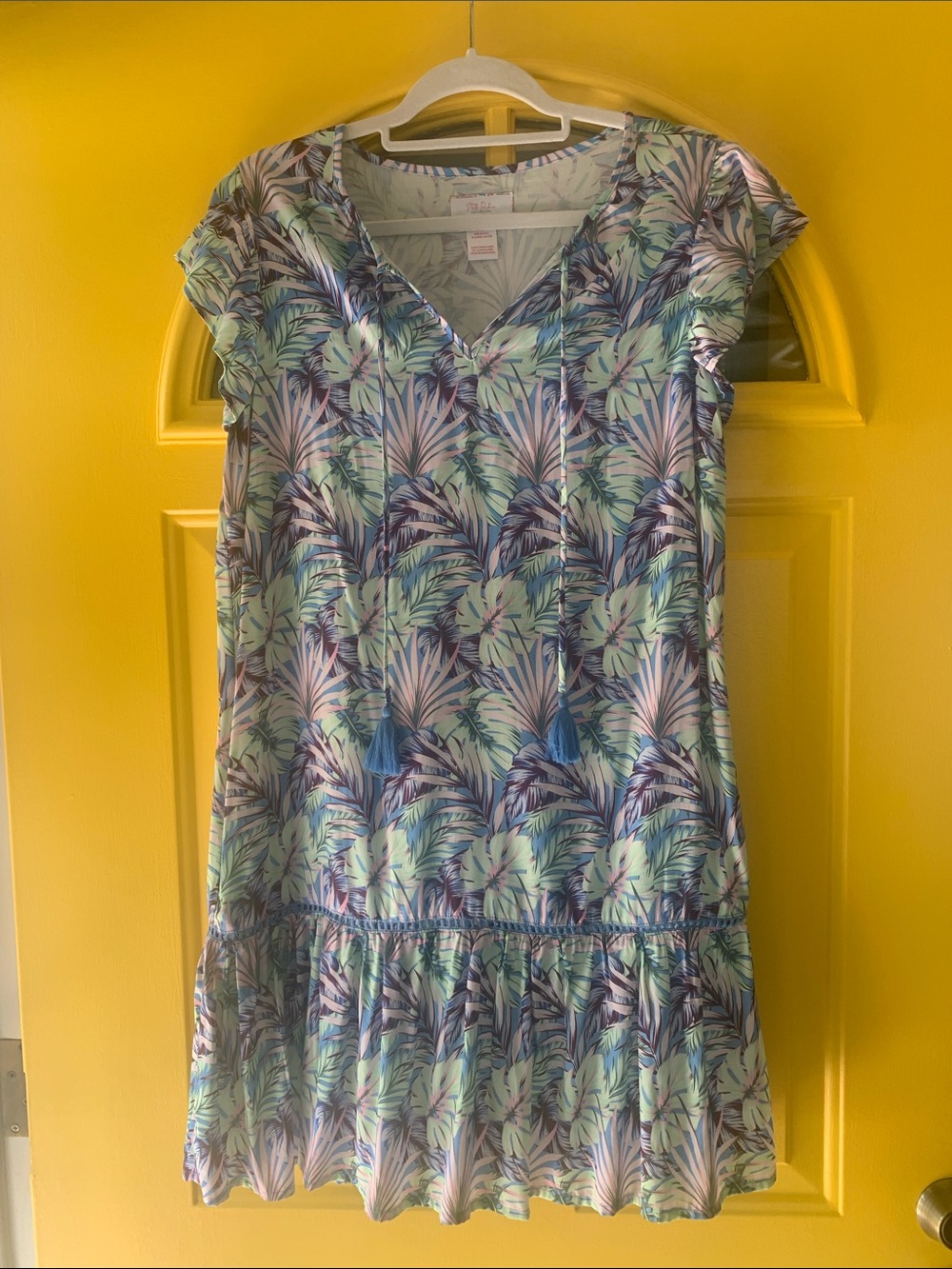 Wen’s Tropical Leaf Print Tassel Dress - Blue Pink and Lime Green